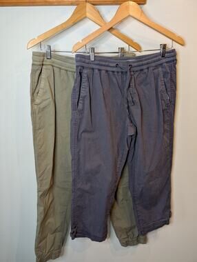 LL Bean Jogger Pants Bundle Women Medium Olive Green Gray Cotton Drawstring 2pc